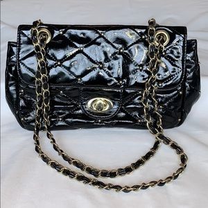 BUENO Black Patent Gold Beads Purse.